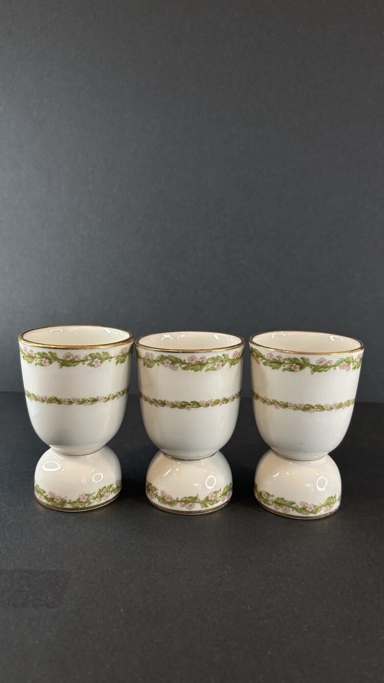 Antique GDA Limoges France Double Egg Cups Set of 3 Pink Floral Gold Trim